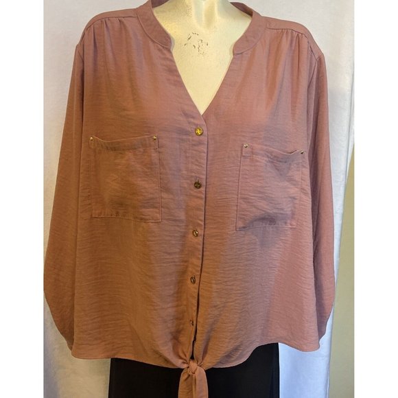 Womens 2x Adrienne Vittadini Rose Colored Button Down Blouse Front Tie - Picture 1 of 9